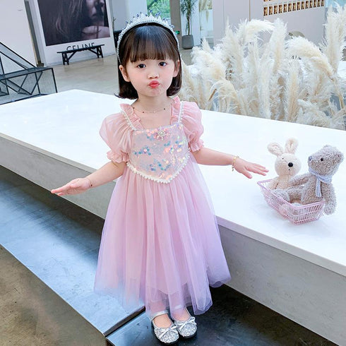 Girls Summer Short Sleeve Pink Mesh Sequin Princess Dress